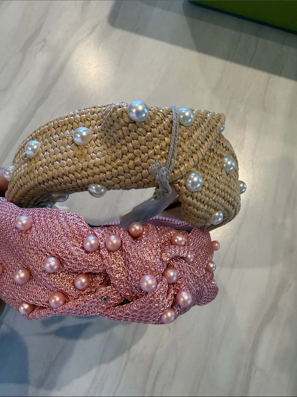 a new day Pearl-Embellished Straw and Pink Knitted Headbands